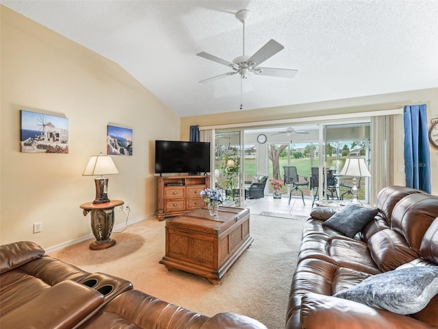 living room featuring lofted ceiling, a textured ceiling, light colored carpet, a ceiling fan, and baseboards