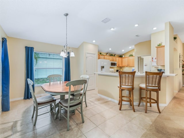 dining area with lofted ceiling, light tile patterned flooring, visible vents, and a notable chandelier