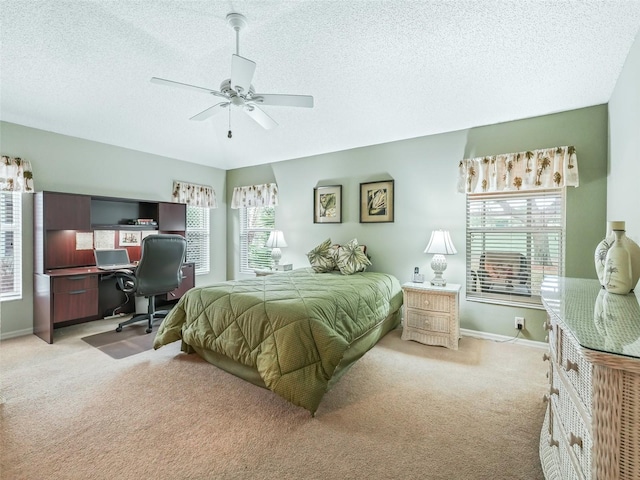 bedroom featuring multiple windows, baseboards, a textured ceiling, and light colored carpet