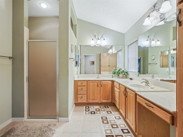 bathroom with lofted ceiling, a stall shower, and a sink