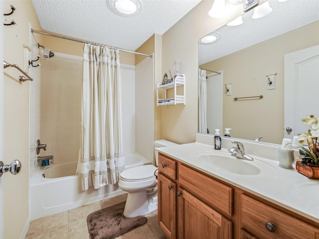 full bath featuring shower / bath combination with curtain, toilet, a textured ceiling, vanity, and tile patterned floors