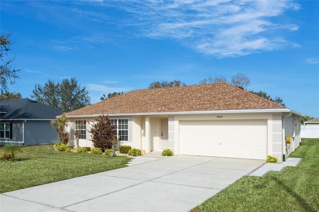 single story home with a garage and a front yard