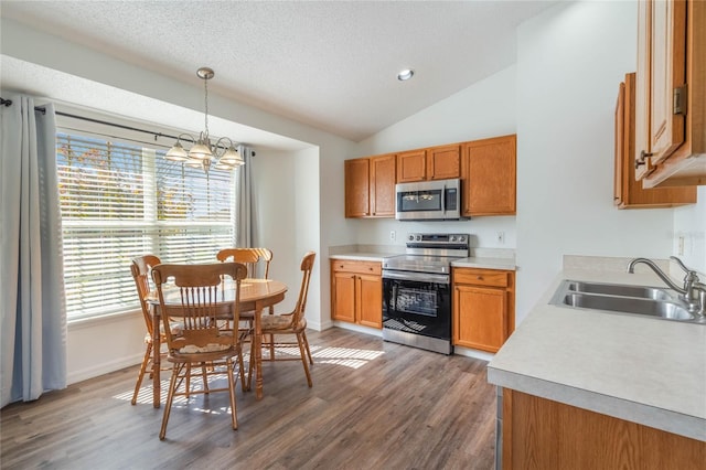 kitchen featuring sink, decorative light fixtures, vaulted ceiling, appliances with stainless steel finishes, and dark hardwood / wood-style floors