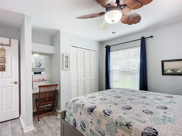 bedroom with ceiling fan and a closet