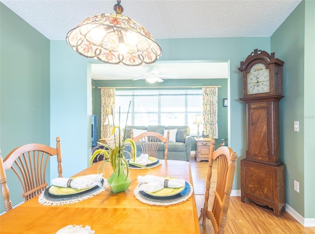 dining space with light wood finished floors, baseboards, and a textured ceiling