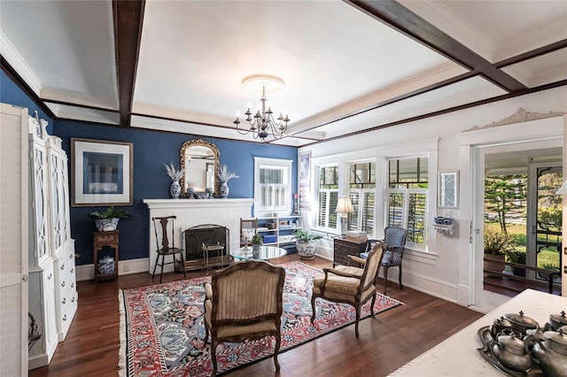 living room featuring beamed ceiling, a fireplace, coffered ceiling, and dark hardwood / wood-style flooring