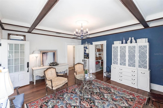 living area with beamed ceiling, coffered ceiling, a chandelier, and dark wood-type flooring