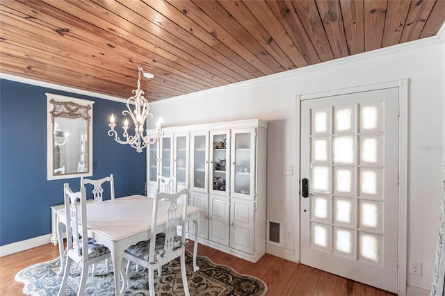 dining room with an inviting chandelier, wood-type flooring, ornamental molding, and wooden ceiling