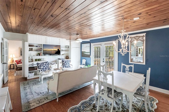 dining space with ceiling fan with notable chandelier, built in features, dark hardwood / wood-style flooring, wood ceiling, and french doors