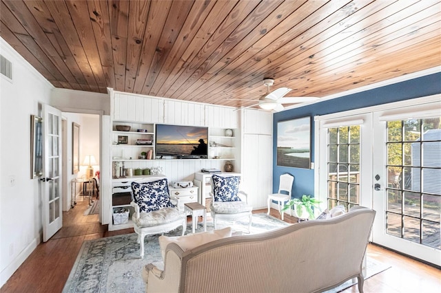 interior space featuring french doors, ceiling fan, wood ceiling, and hardwood / wood-style floors