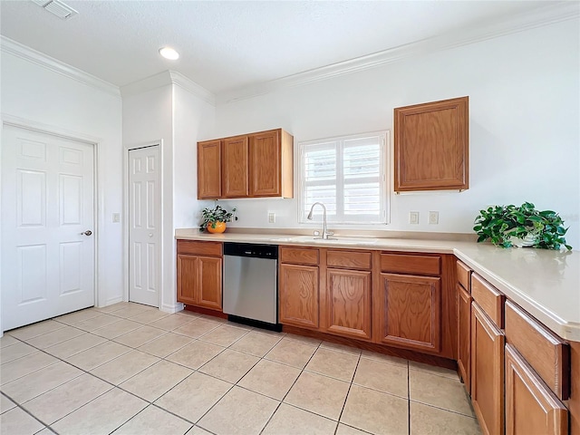 kitchen with ornamental molding, sink, stainless steel dishwasher, and light tile patterned floors