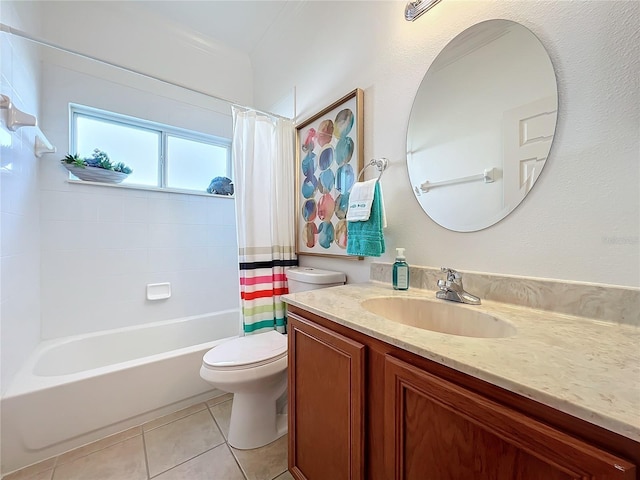 full bathroom with tile patterned flooring, shower / bath combo, vanity, and toilet