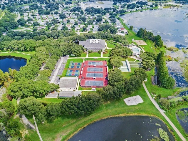 aerial view featuring a water view