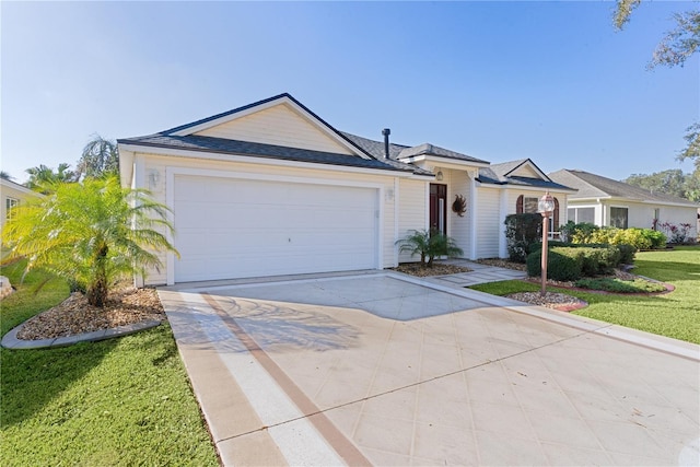 ranch-style home with a garage and a front lawn