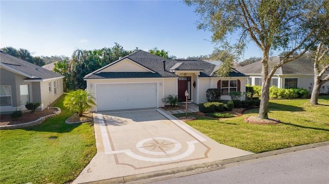 single story home featuring a garage and a front yard