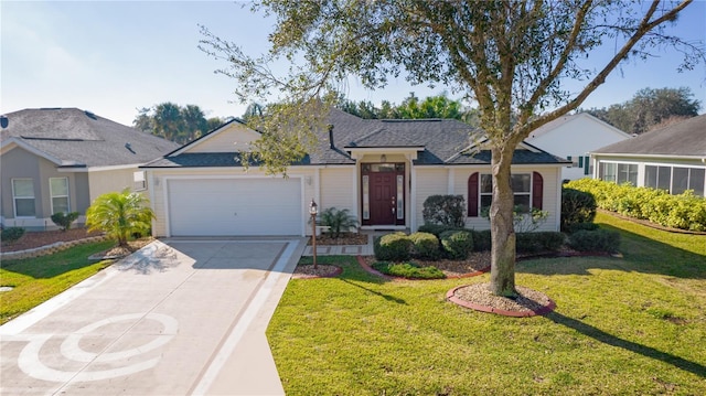 single story home with a garage and a front lawn