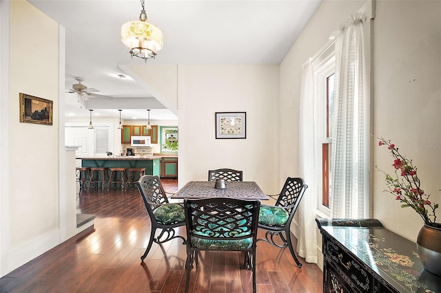 dining area featuring dark hardwood / wood-style flooring and ceiling fan with notable chandelier