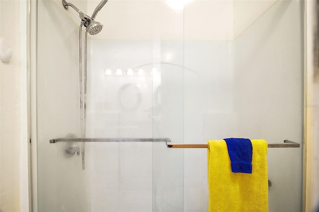 bathroom with a shower with shower door