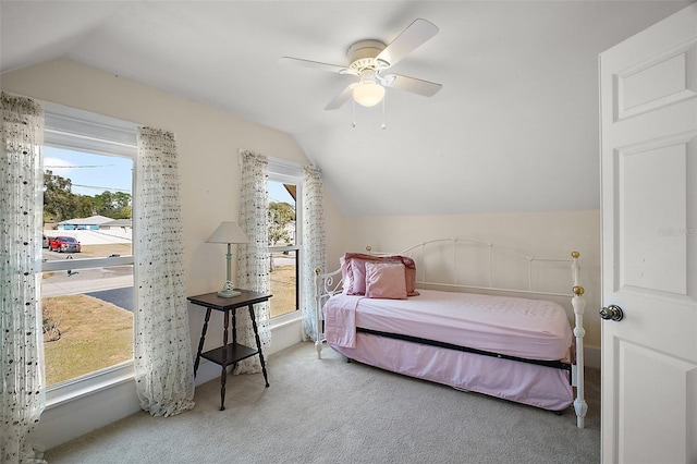 bedroom with multiple windows, vaulted ceiling, and carpet