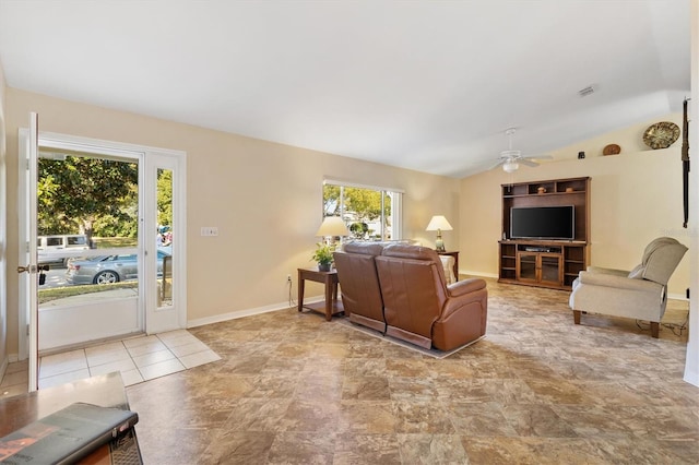 living room with vaulted ceiling and ceiling fan