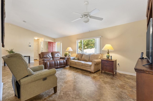 living room featuring vaulted ceiling and ceiling fan