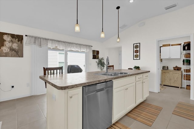 kitchen with pendant lighting, sink, a kitchen island with sink, white cabinetry, and stainless steel dishwasher