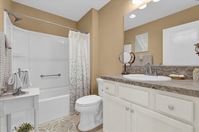 full bathroom featuring shower / tub combo, vanity, tile patterned flooring, and toilet