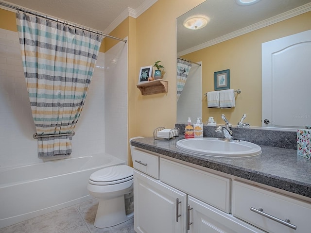 full bathroom with shower / tub combo, tile patterned flooring, crown molding, and toilet