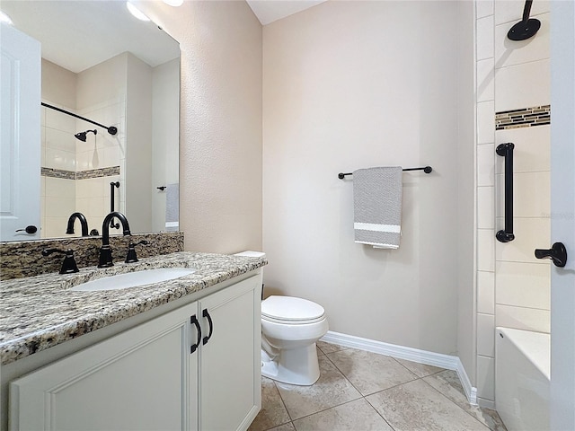 full bathroom with toilet, vanity, tile patterned flooring, and tiled shower / bath combo