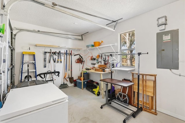 interior space with refrigerator and electric panel