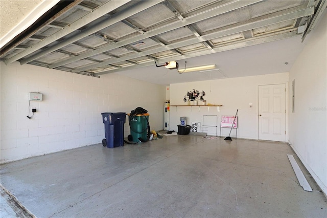 garage with a garage door opener and water heater