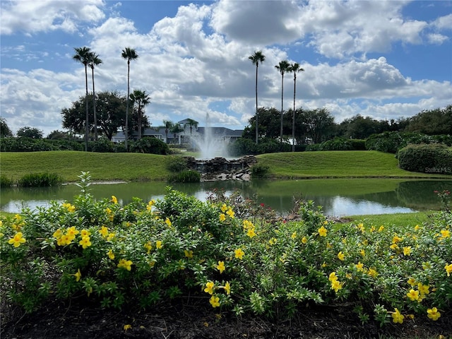 surrounding community with a water view and a yard