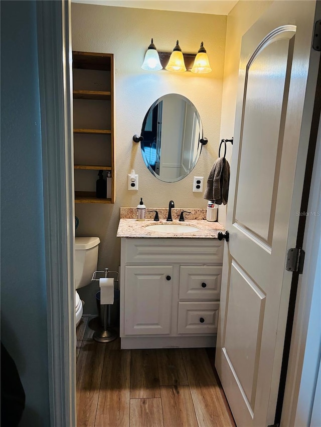 bathroom featuring vanity, hardwood / wood-style flooring, and toilet