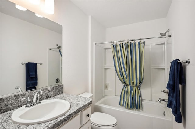 full bathroom with vanity, shower / bathtub combination with curtain, and toilet