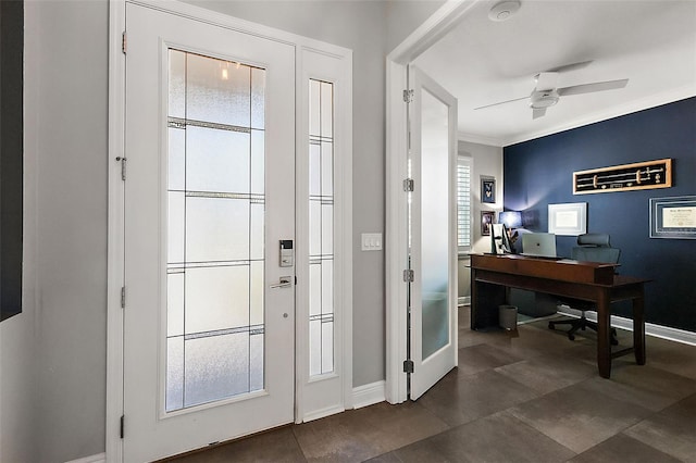 office space featuring ceiling fan and ornamental molding