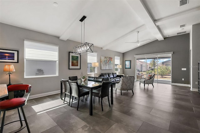 dining area with lofted ceiling with beams and ceiling fan