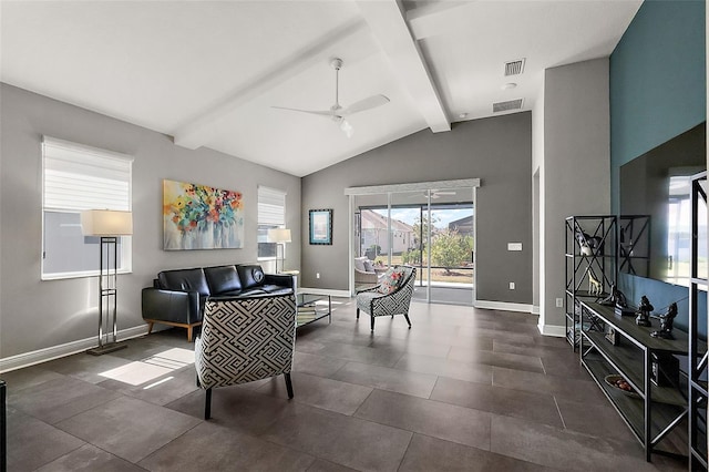 living room featuring ceiling fan and vaulted ceiling with beams