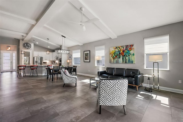 living room featuring lofted ceiling with beams and ceiling fan