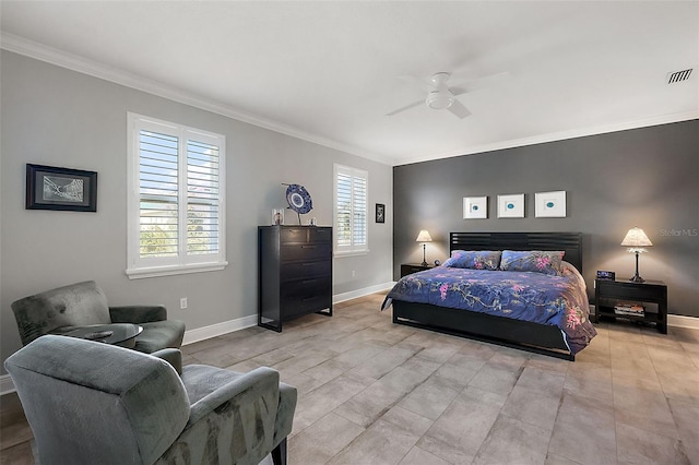 bedroom featuring multiple windows, ornamental molding, and ceiling fan