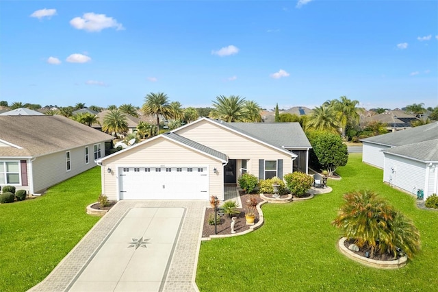 ranch-style house featuring a garage and a front yard