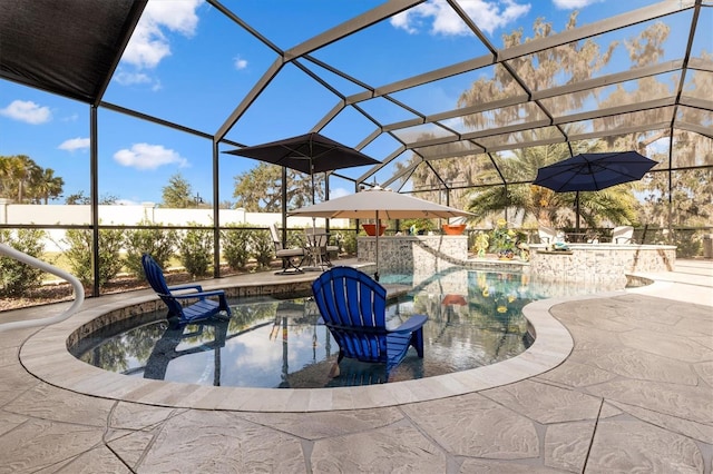 4515 Biggs Pl, The Villages, FL 32163 - outdoor pool with an outdoor kitchen, outdoor dry bar, a patio, and a lanai