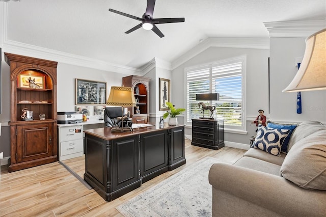 4515 Biggs Pl, The Villages, FL 32163 - office area featuring a ceiling fan, vaulted ceiling, ornamental molding, and light wood-type flooring
