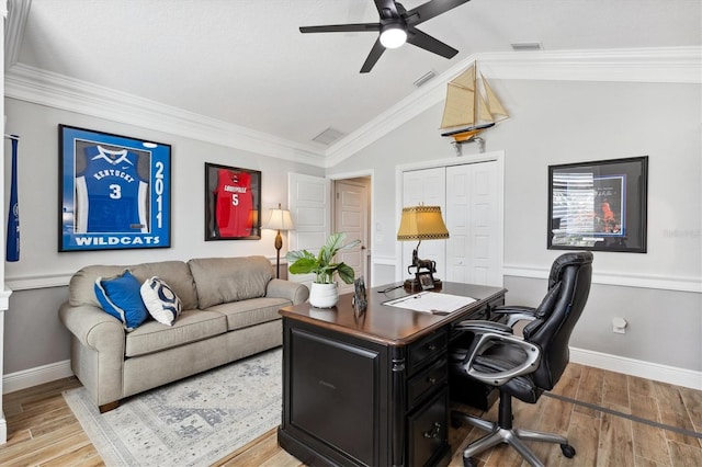 4515 Biggs Pl, The Villages, FL 32163 - home office featuring ceiling fan, visible vents, baseboards, and light wood finished floors
