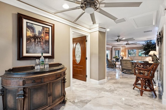 4515 Biggs Pl, The Villages, FL 32163 - foyer entrance with ceiling fan, ornamental molding, marble finish floor, and visible vents