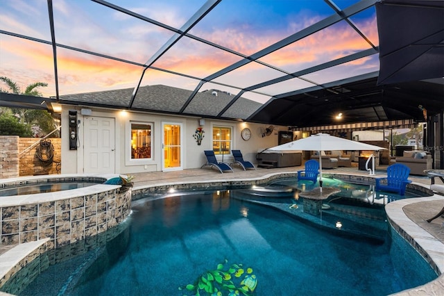 4515 Biggs Pl, The Villages, FL 32163 - pool with a hot tub, a patio area, and glass enclosure