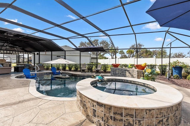 4515 Biggs Pl, The Villages, FL 32163 - view of pool featuring a patio area, a lanai, and a pool with connected hot tub