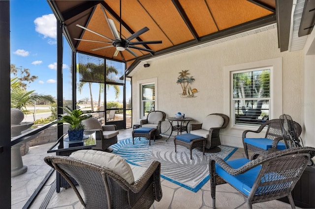 4515 Biggs Pl, The Villages, FL 32163 - sunroom featuring a ceiling fan and outdoor lounge area