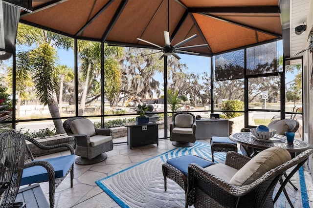 4515 Biggs Pl, The Villages, FL 32163 - sunroom with ceiling fan and an outdoor hangout area