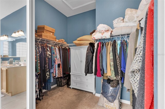 spacious closet with attic access, light colored carpet, and a sink