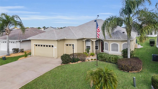 view of front facade featuring concrete driveway, a front yard, an attached garage, and stucco siding